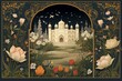 Illustrated frame of a classic Mughal garden, perfect for a wedding invitation. Generative AI