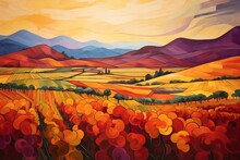 Abstract Painting Depicting A Scenic Vineyard Landscape With A Beautiful Background. Generative AI