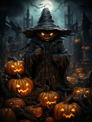 A Spooky Scene with a Cloaked Figure and Jack-o-Lanterns