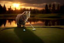 A Cat Golfing At Sunset. Generative AI