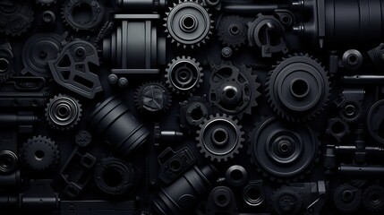 dark industrial 3D render: vehicle parts pattern with car gears and pipes