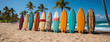 © Sudarshana - Wide horizontal retro background photo of colorful surfing board lay in line at a tropical Asian adventure beach with coconut tress and shiny blue sky