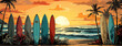 Surfing mood on evening sunset with surfboards 