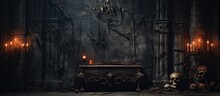 Mystical Medieval Room With Wooden Door Skull And Stone Wall Perfect For Halloween Space For Text With Copyspace For Text