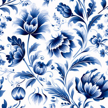 A Seamless Watercolor Gouache Pattern In A Dutch-inspired Style, Featuring Blue Florals For Fabric Or Wallpaper..