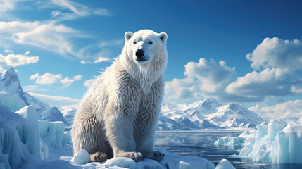 polar white bear on an ice floe in ocean in winter close-up