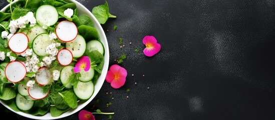 Canvas Print - Top view of a healthy vegetable salad with spinach cottage cheese radish cucumber and yogurt with copyspace for text