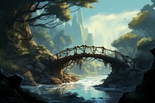 Image Of A Bridge With Troll Guarding It, River Flowing Beneath. Digital Art Style, Illustration Painting. Generative AI