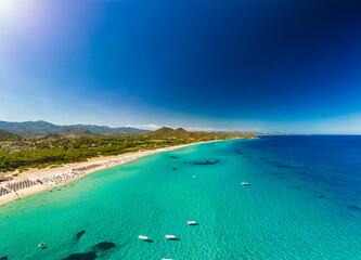 Aerial drone view of Cala Monte Turno and San Pietro Beaches, Sardinia. Italy