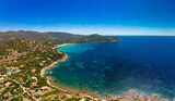 Fototapeta  - Aerial drone view of Kal'e Moru beach in Geremeas, Sardinia