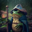 grumpy rainforest tree frog as a wizard with a wooden staff and wizards tome forest background raining anime art style 