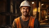 Fototapeta  - Smiles by a construction worker in a home on a job site