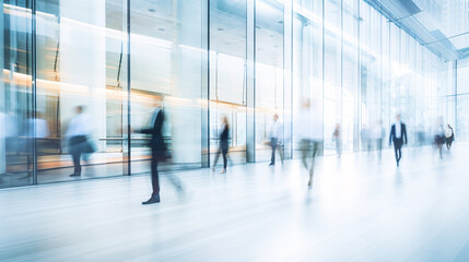 blurred business people walking in glass office background - busy office in a rush hour concept