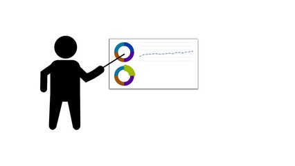 Wall Mural - Pictogram man explaining finance charts on the whiteboard doing a presentation with audience.