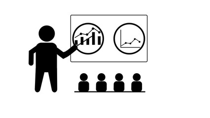 Wall Mural - Pictogram man explaining finance charts on the whiteboard doing a presentation with audience.