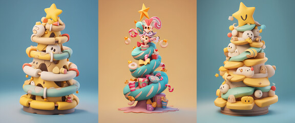 Poster - 3d illustration of Christmas tree with decorations, collection 