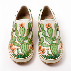 Picture of super cute cactus-patterned shoes. There are orange cactus flowers on a white background. Generative AI