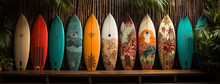 Different Designs Of Surfboards Lay On A Wooden Fence 