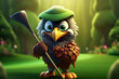 Eagle playing golf on a green field. 3d illustration. Golf player with golf club in the field. 