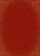 Wall Mural - Hand-drawn unique abstract ornament. Light red on a bright red background, with vignette of same pattern and splatters in golden glitter. Paper texture. Digital artwork, A4. (pattern: p11-2d)