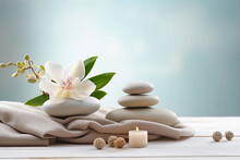 Spa Stones And White Flower On Table.