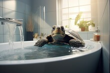 A Tortoise In A Bathtub With Running Water, Set In A Blue-tiled Bathroom.