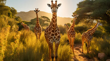 A Group Of Giraffes Gracefully Moving Through A Lush Green Landscape, AI Generative.