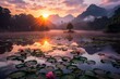 Stunning sunset over karst mountains and serene water lily pond in Vietnam. Generative AI