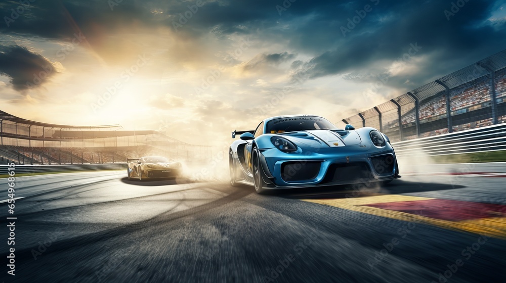 The starting line of the international race track's asphalt with a race car. The track is passed by a racer in a race car.