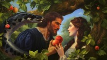 Adam And Even In The Garden Of Eden Eating From The Fruit With The Snake Of The Devil
