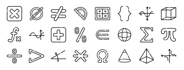 set of 24 outline web math symbols icons such as multiply, empty, no equal to, protractor, calculator, brackets, cosine vector icons for report, presentation, diagram, web design, mobile app