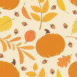 Autumn seamless pattern with pumpkins and leaves. Vector autumn background