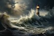 The sea with turbulent weather and a lighthouse. Generative AI