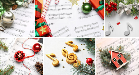 Wall Mural - Christmas collage with music sheets, notes and decor