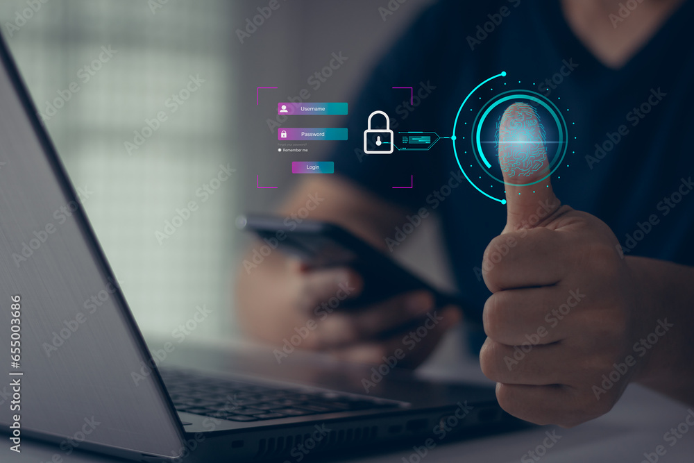 cyber security concept. account login ID with fingerprint identity verification, and digital personal data protection. User and password verify information security and encryption. Cybersecurity.