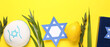 Four species (lulav, hadas, arava, etrog) as Sukkot festival symbols, kippah, torah and paper David star on yellow background