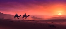 Camels In The Desert, Sahara, Against The Backdrop Of A Beautiful Sunset, Bright Colors, Screensaver For Your Computer Desktop