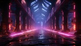 Fototapeta Do przedpokoju - Corridor Tunnel Dark Hall Reflective Neon Glowing Sci Fi Futuristic