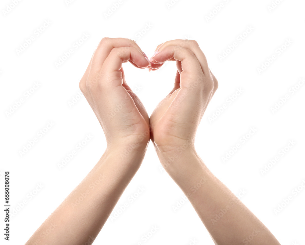 Woman making heart with her hands on white background