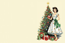 Stylish Vintage Woman Christmas Postcard Created With Generative AI Technology