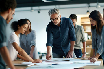 group of businessmen in office analyzing business plans. Mature man standing describing a plan of action to his diverse creative team at desk