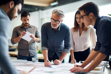 Wall Mural - team working together on draft plans. group of businessmen in office analyzing business plans. Mature man standing describing a plan of action to his diverse creative team at desk