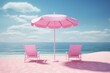 Pink beach with umbrella, chairs. 3D rendering. Generative AI