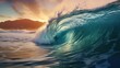 Ocean wave at sunset. Blue ocean wave with motion blur effect.