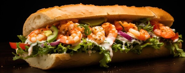 This vibrant food shot showcases the zesty and colorful garnishes that accompany a Shrimp Po Boy. From the bright green lettuce leaves to the tangy red pickles and diced onions, these accents