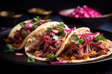 Wall Mural - An artistic shot capturing a contemporary twist on a classic dish duck tacos, with tender shredded duck meat nestled in warm corn tortillas, accompanied by pickled red onions, fresh cilantro,
