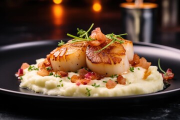 A delectable image showcasing scallops nestled on a vibrant cauliflower puree, garnished with crisp pancetta shards that lend a salty crunch and add visual interest to the dish.