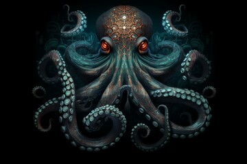 Illustration of a mysterious octopus against a dark backdrop. Imaginative and fantastical. Generative AI