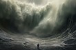 A person amidst ocean storms and towering waves, expressing the enigmatic beauty and challenges of nature's wrath. Generative AI
