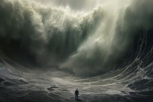A Person Amidst Ocean Storms And Towering Waves, Expressing The Enigmatic Beauty And Challenges Of Nature's Wrath. Generative AI